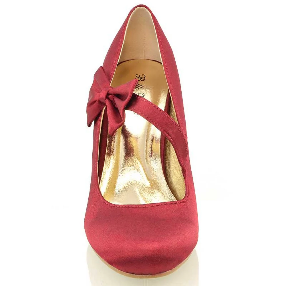Cecilia Bow Detail Strappy Low mid Stiletto Heel Court Shoes in Burgundy Satin - Image 3