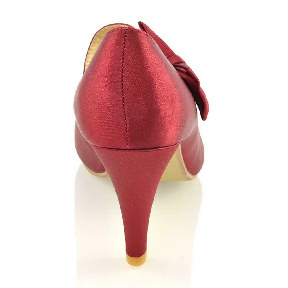 Cecilia Bow Detail Strappy Low mid Stiletto Heel Court Shoes in Burgundy Satin - Image 4