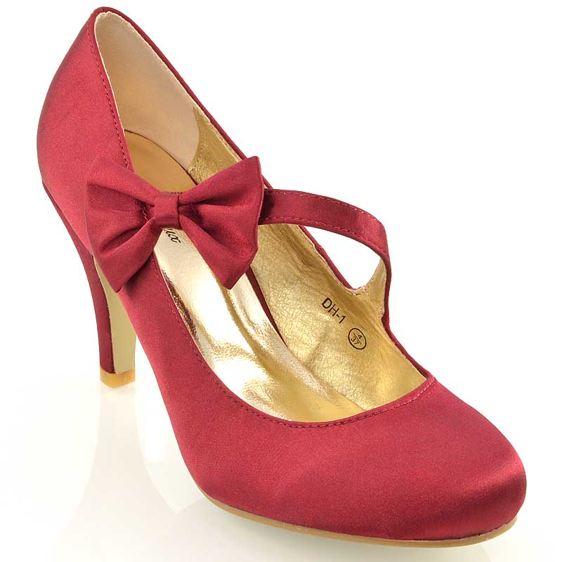 Cecilia Bow Detail Strappy Low mid Stiletto Heel Court Shoes in Burgundy Satin - Image 7