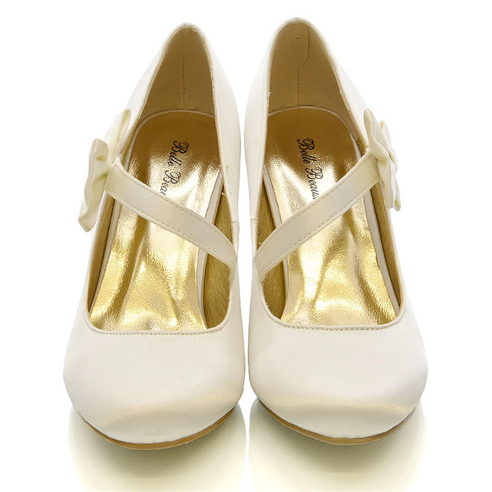 Cecilia Bow Detail Strappy Low mid Stiletto Heel Court Shoes in Ivory Satin - Image 4