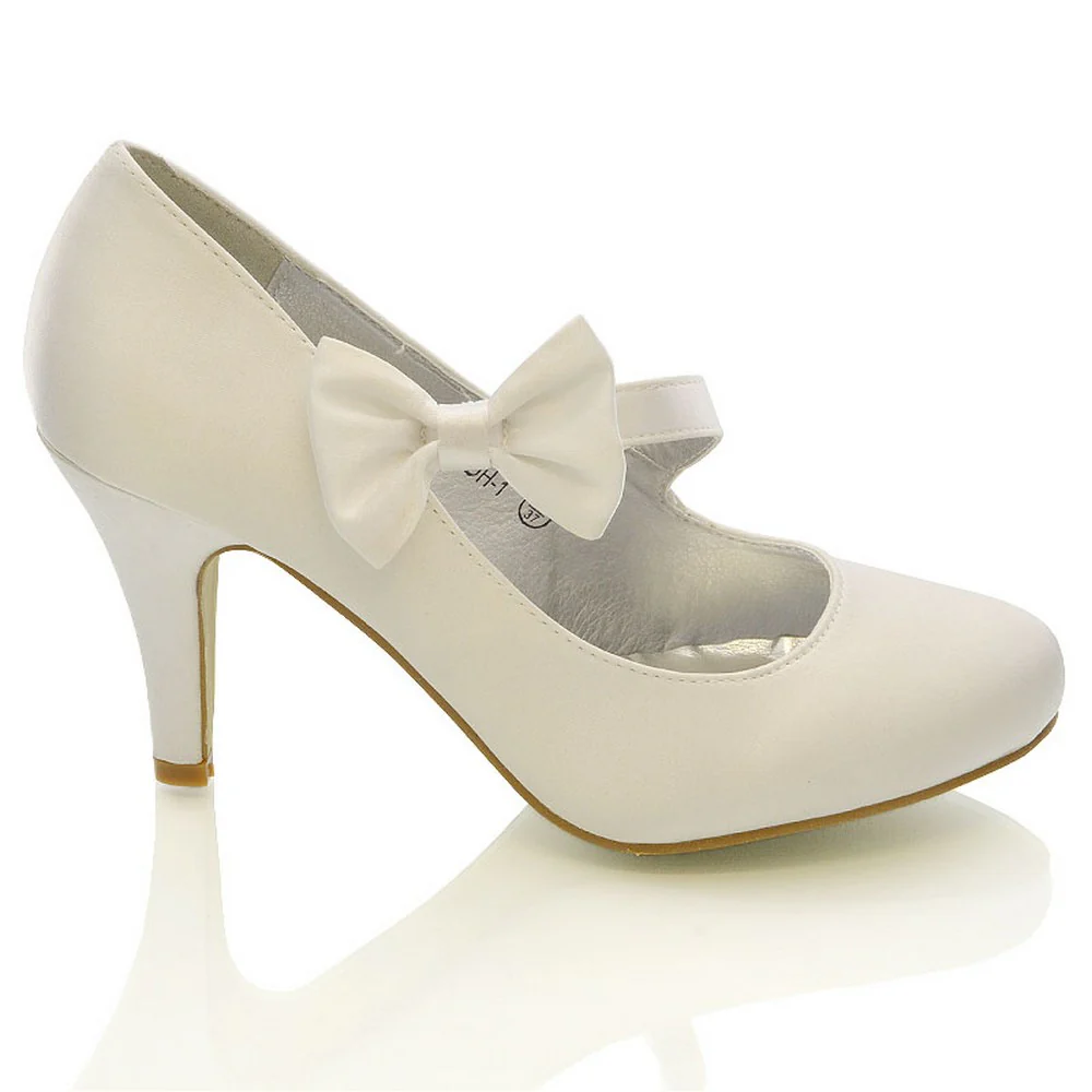 Cecilia Bow Detail Strappy Low mid Stiletto Heel Court Shoes in White Satin - Image 2