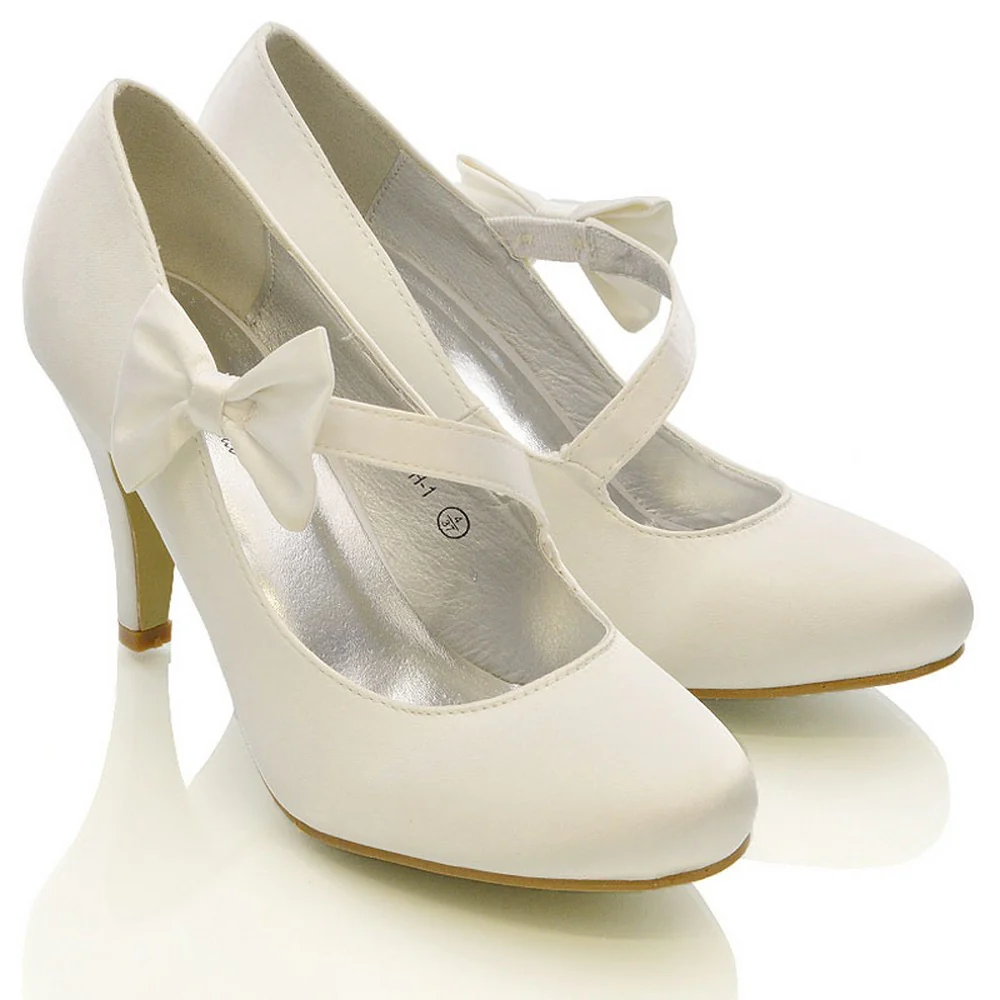Cecilia Bow Detail Strappy Low mid Stiletto Heel Court Shoes in White Satin - Image 3