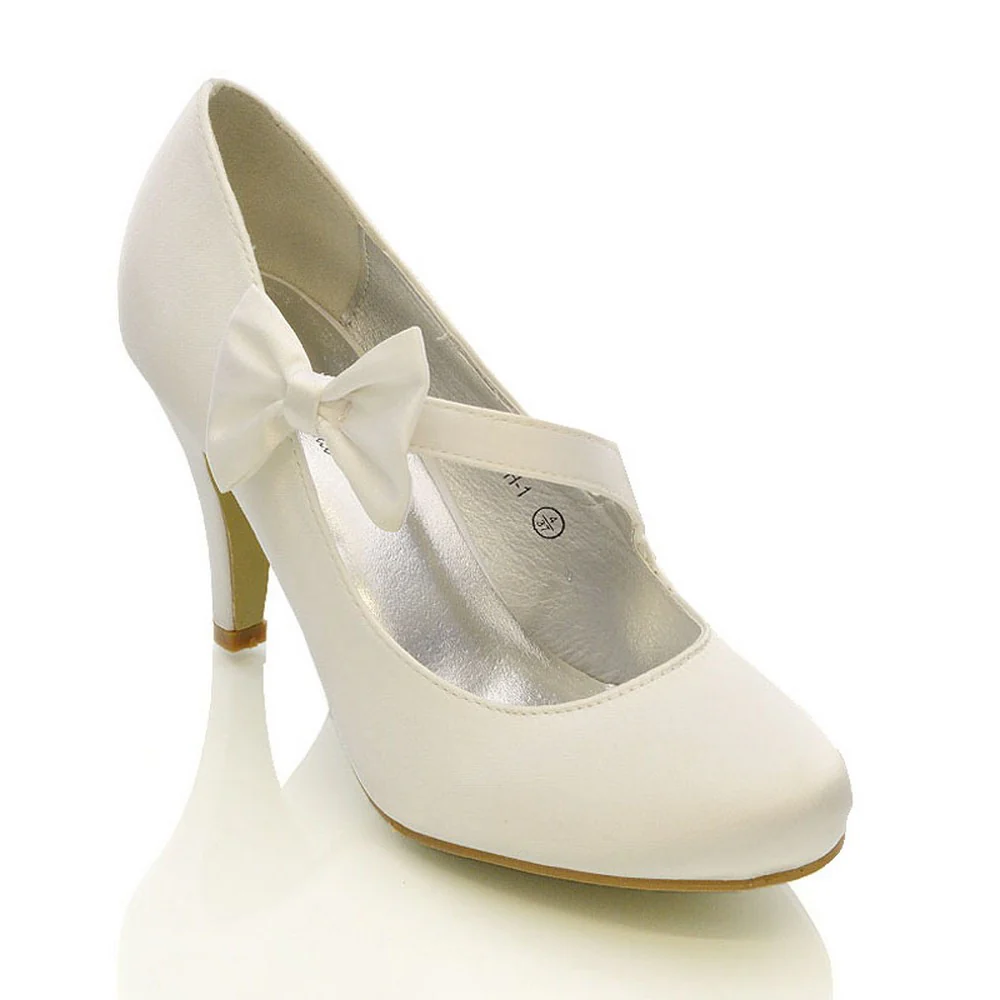Cecilia Bow Detail Strappy Low mid Stiletto Heel Court Shoes in White Satin - Image 6