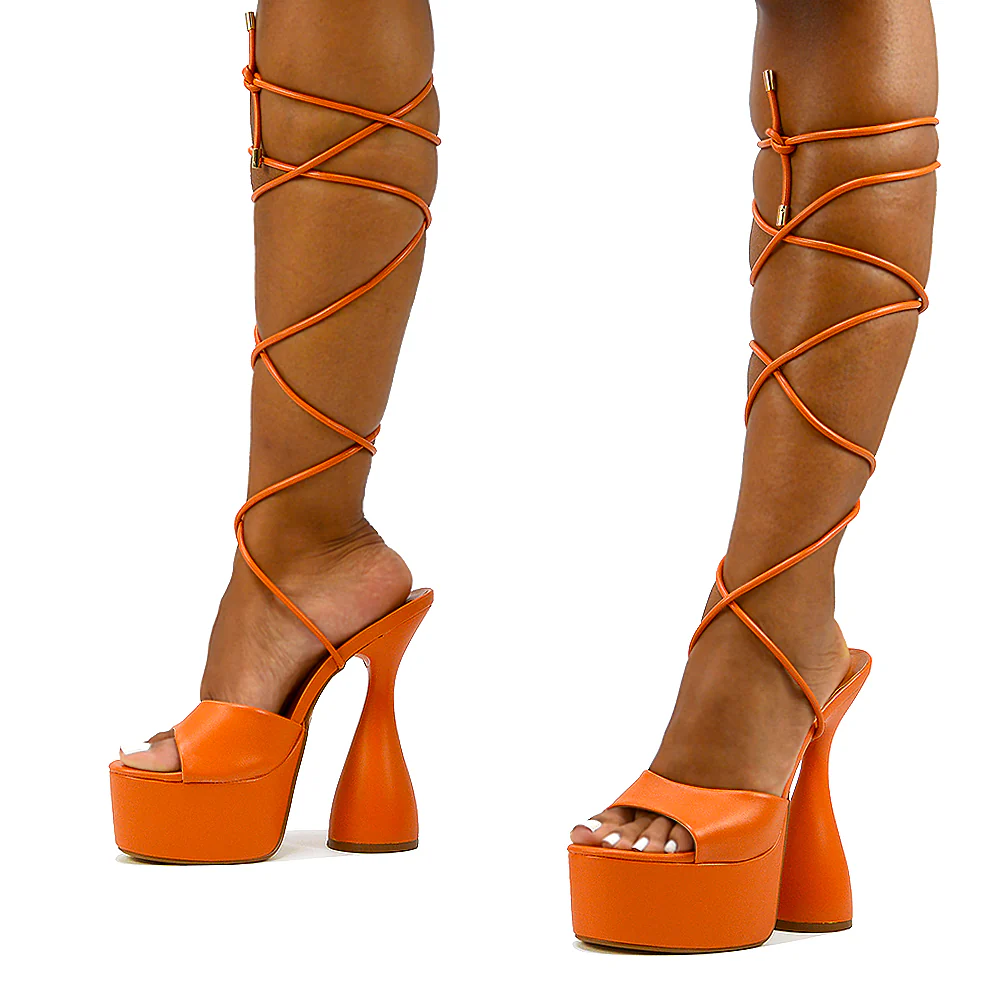 Celeste Lace Up Peep Toe Platform Sculptured Cylinder High Heel Sandals in Black Synthetic Leather - Image 206