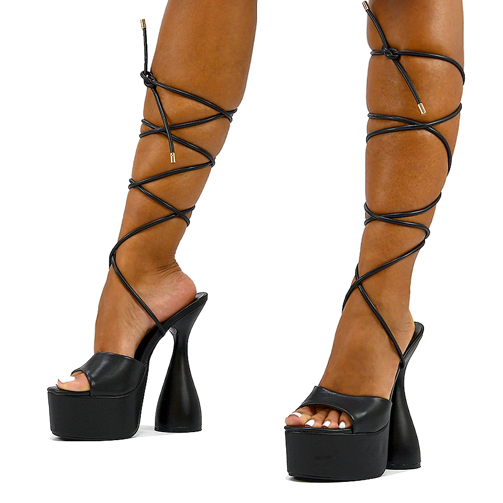 Celeste Lace Up Peep Toe Platform Sculptured Cylinder High Heel Sandals in Black Synthetic Leather - Image 61
