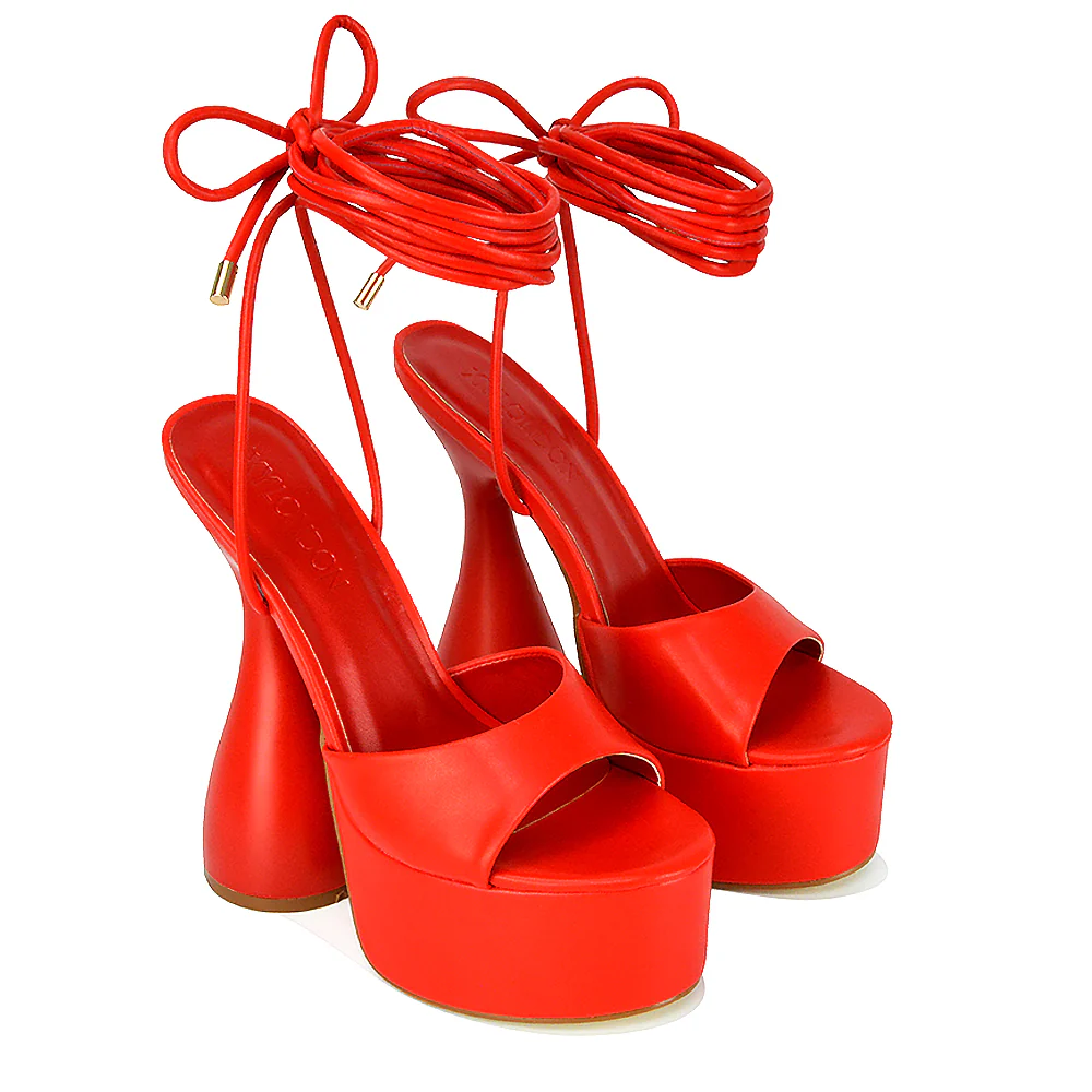 Celeste Lace Up Peep Toe Platform Sculptured Cylinder High Heel Sandals in Orange Synthetic Leather - Image 15