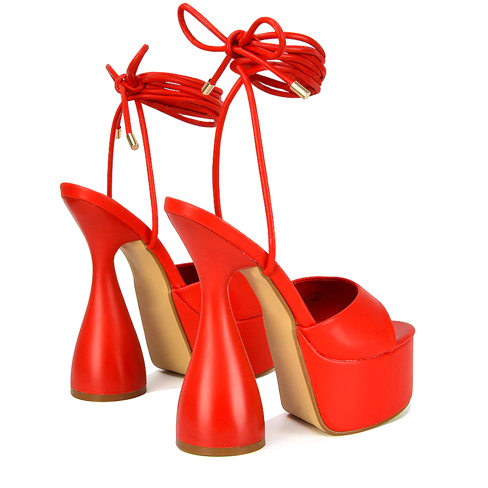 Celeste Lace Up Peep Toe Platform Sculptured Cylinder High Heel Sandals in Orange Synthetic Leather - Image 32