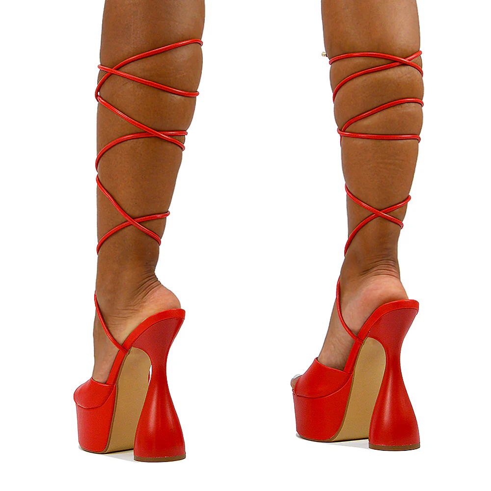 Celeste Lace Up Peep Toe Platform Sculptured Cylinder High Heel Sandals in Red Synthetic Leather - Image 44