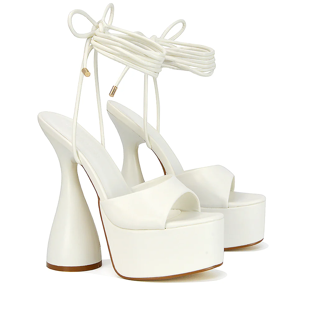 Celeste Lace Up Peep Toe Platform Sculptured Cylinder High Heel Sandals in White Synthetic Leather - Image 127