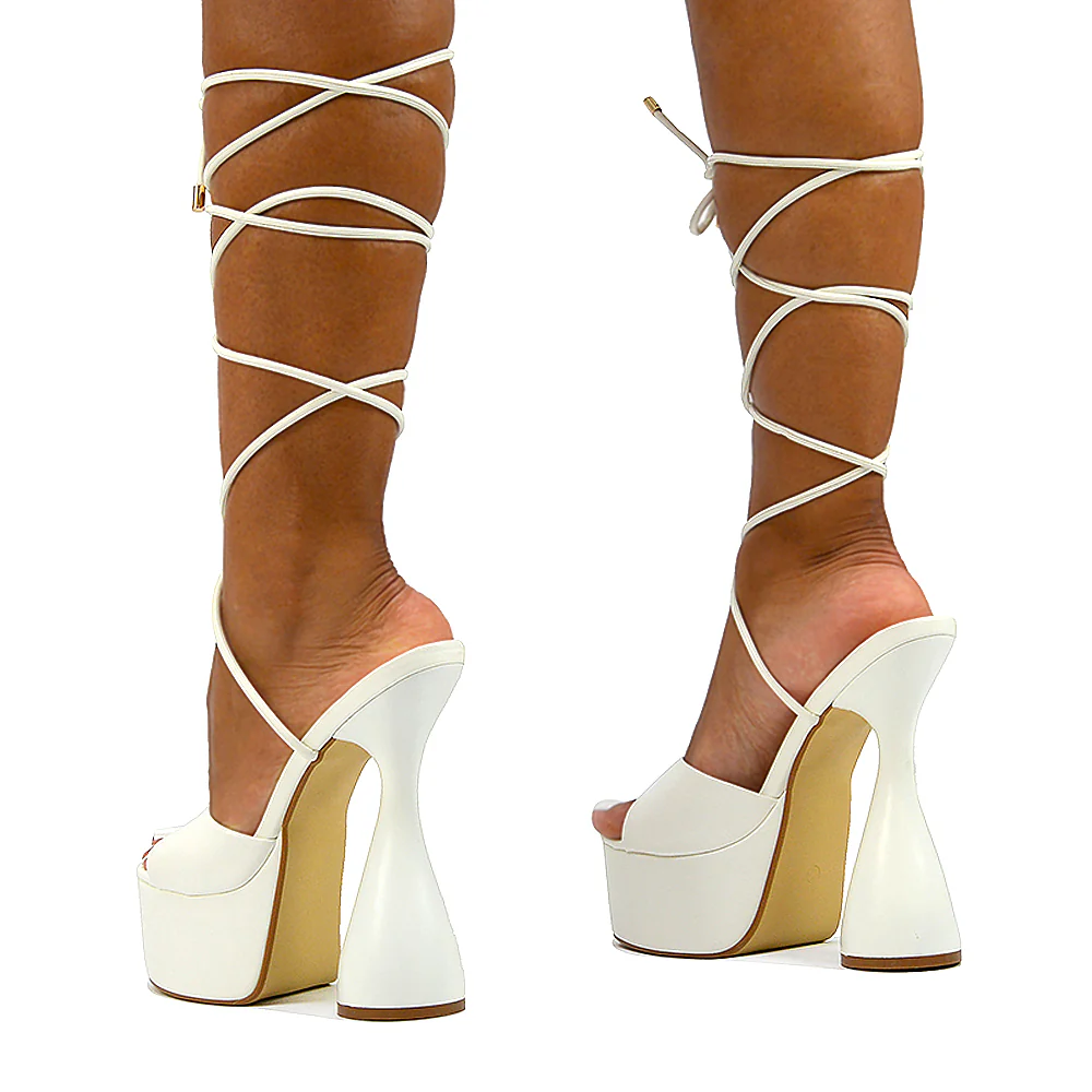 Celeste Lace Up Peep Toe Platform Sculptured Cylinder High Heel Sandals in White Synthetic Leather - Image 146
