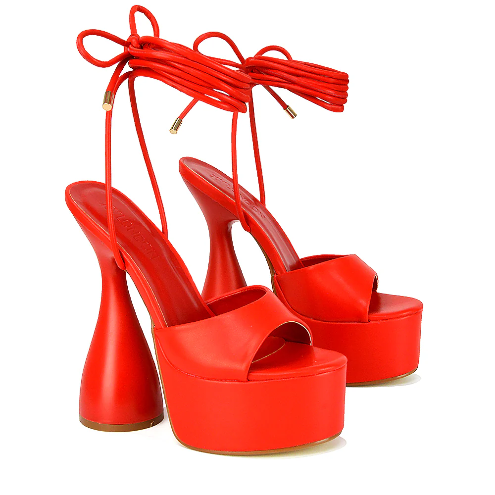 Celeste Lace Up Peep Toe Platform Sculptured Cylinder High Heel Sandals in White Synthetic Leather - Image 17