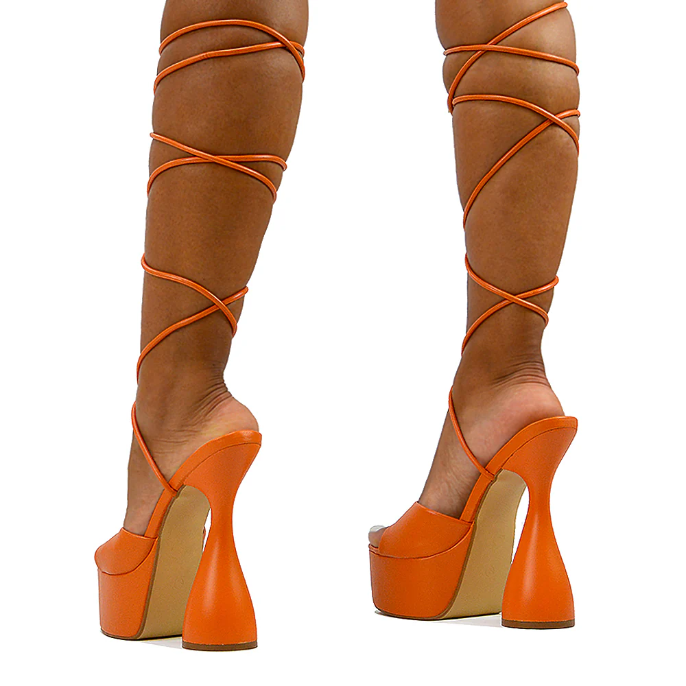 Celeste Lace Up Peep Toe Platform Sculptured Cylinder High Heel Sandals in White Synthetic Leather - Image 170