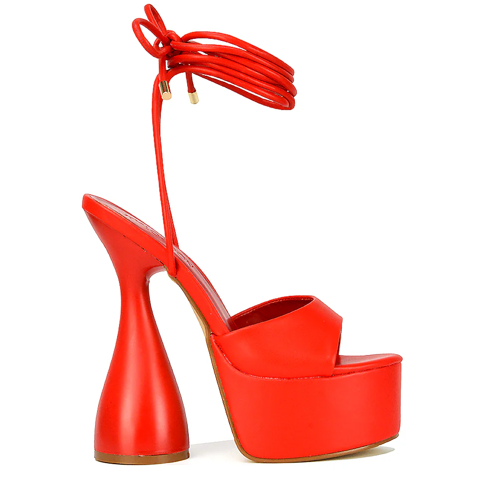 Celeste Lace Up Peep Toe Platform Sculptured Cylinder High Heel Sandals in White Synthetic Leather - Image 58