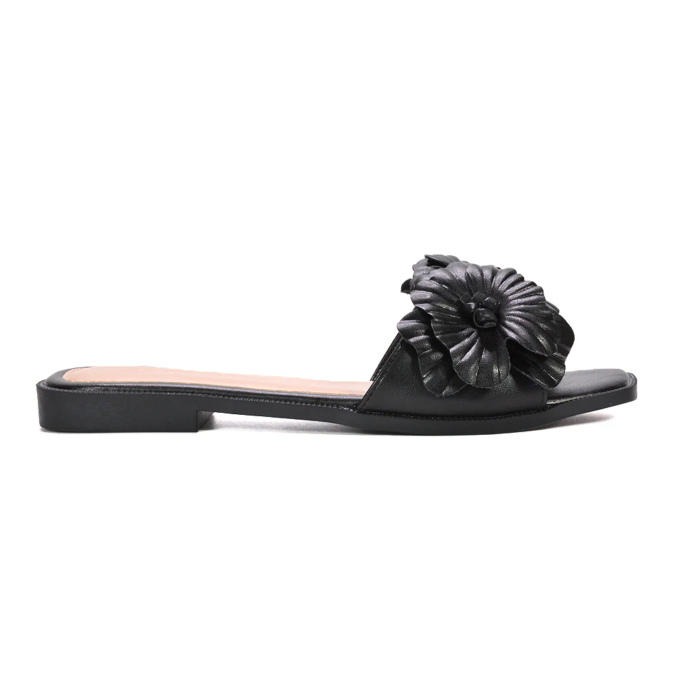 Celia Flat Slip On Flower Detail Sandals Summer Slides in Yellow - Image 19