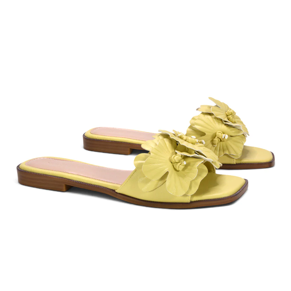 Celia Flat Slip On Flower Detail Sandals Summer Slides in Yellow - Image 3