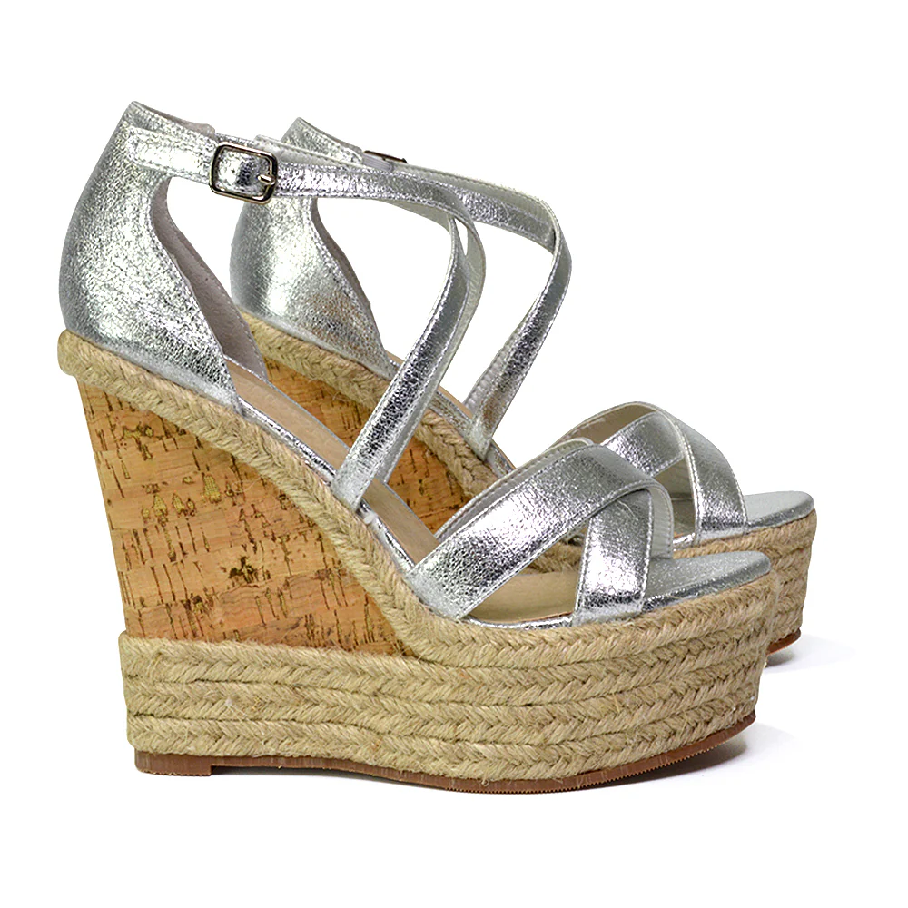 CHANCE WOVEN DETAIL STRAPPY WEDGE HEEL PLATFORM SANDALS IN SILVER METALLIC - Image 30