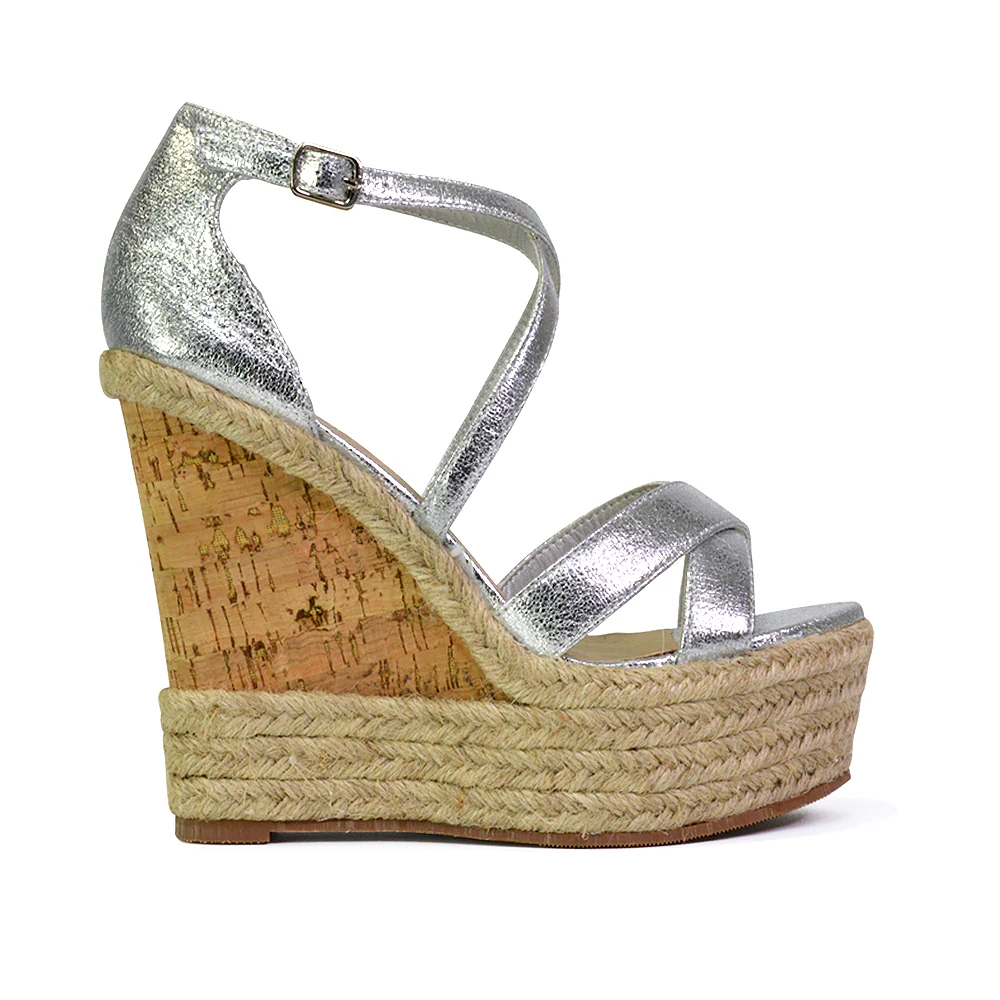 CHANCE WOVEN DETAIL STRAPPY WEDGE HEEL PLATFORM SANDALS IN SILVER METALLIC - Image 38