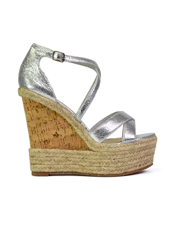CHANCE WOVEN DETAIL STRAPPY WEDGE HEEL PLATFORM SANDALS IN SILVER METALLIC - Image 4