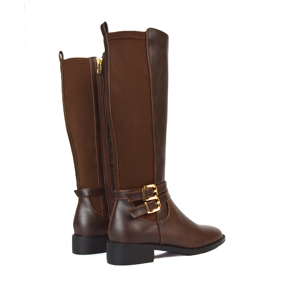 Charlie Flat Heel Zip Up Knee High Stretchy Boots With Buckle in Black Synthetic Leather - Image 8