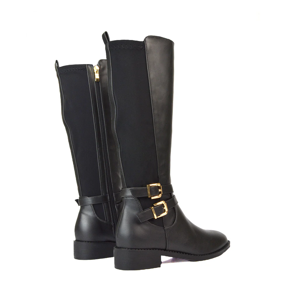 Charlie Flat Heel Zip Up Knee High Stretchy Boots With Buckle in Black Synthetic Leather - Image 2