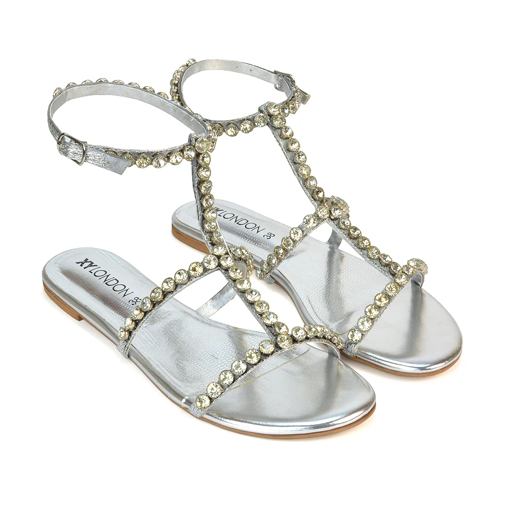 Cher Flat Ankle Strap Holiday Rhinestone Summer Diamante Sandals in Silver - Image 2