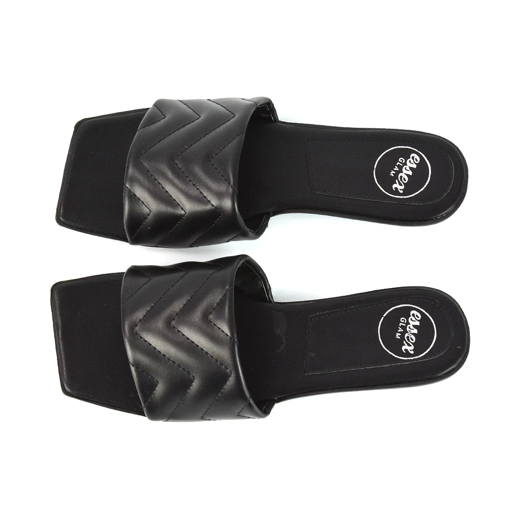 CHERRY QUILTED STRAPPY SQUARE TOE SLIDER SLIP ON SANDALS IN BLACK SYNTHETIC LEATHER - Image 11