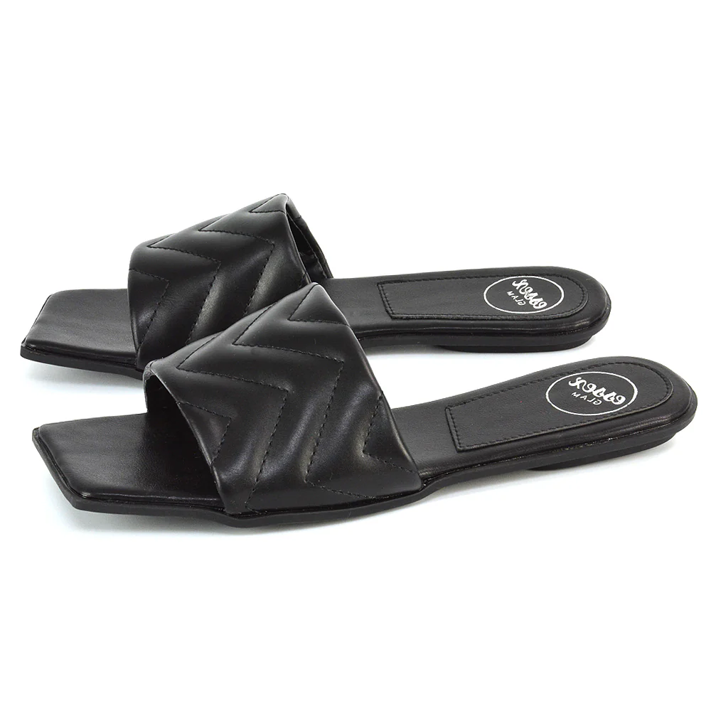 CHERRY QUILTED STRAPPY SQUARE TOE SLIDER SLIP ON SANDALS IN BLACK SYNTHETIC LEATHER - Image 12