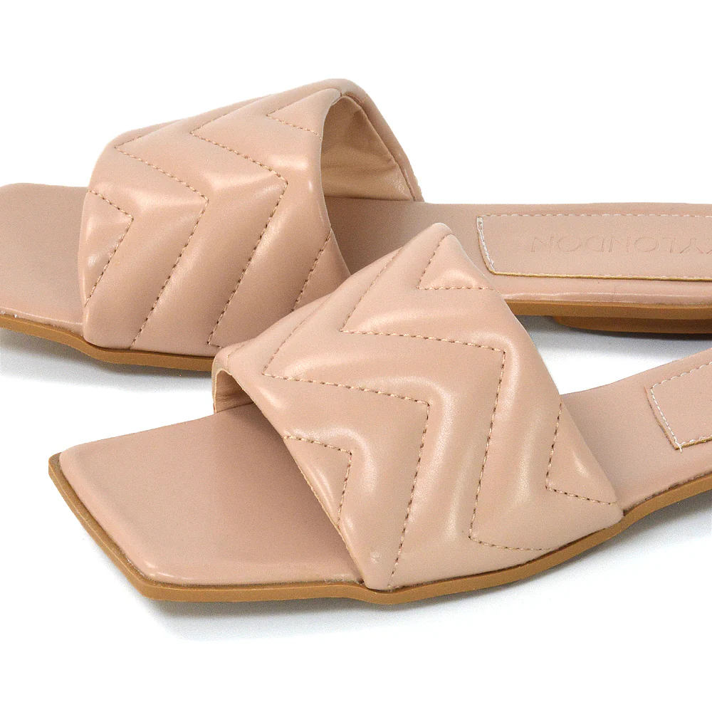 CHERRY QUILTED STRAPPY SQUARE TOE SLIDER SLIP ON SANDALS IN BLACK SYNTHETIC LEATHER - Image 85
