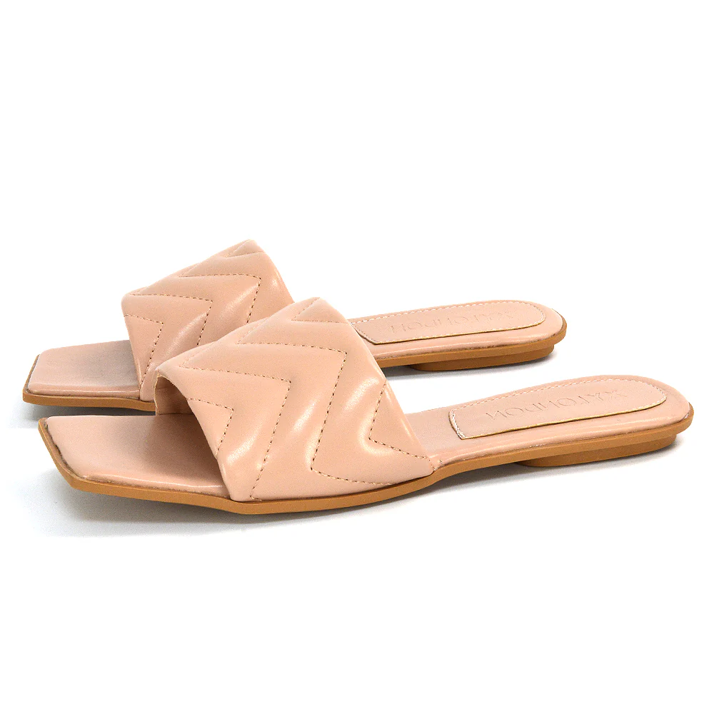 CHERRY QUILTED STRAPPY SQUARE TOE SLIDER SLIP ON SANDALS IN NUDE SYNTHETIC LEATHER - Image 107