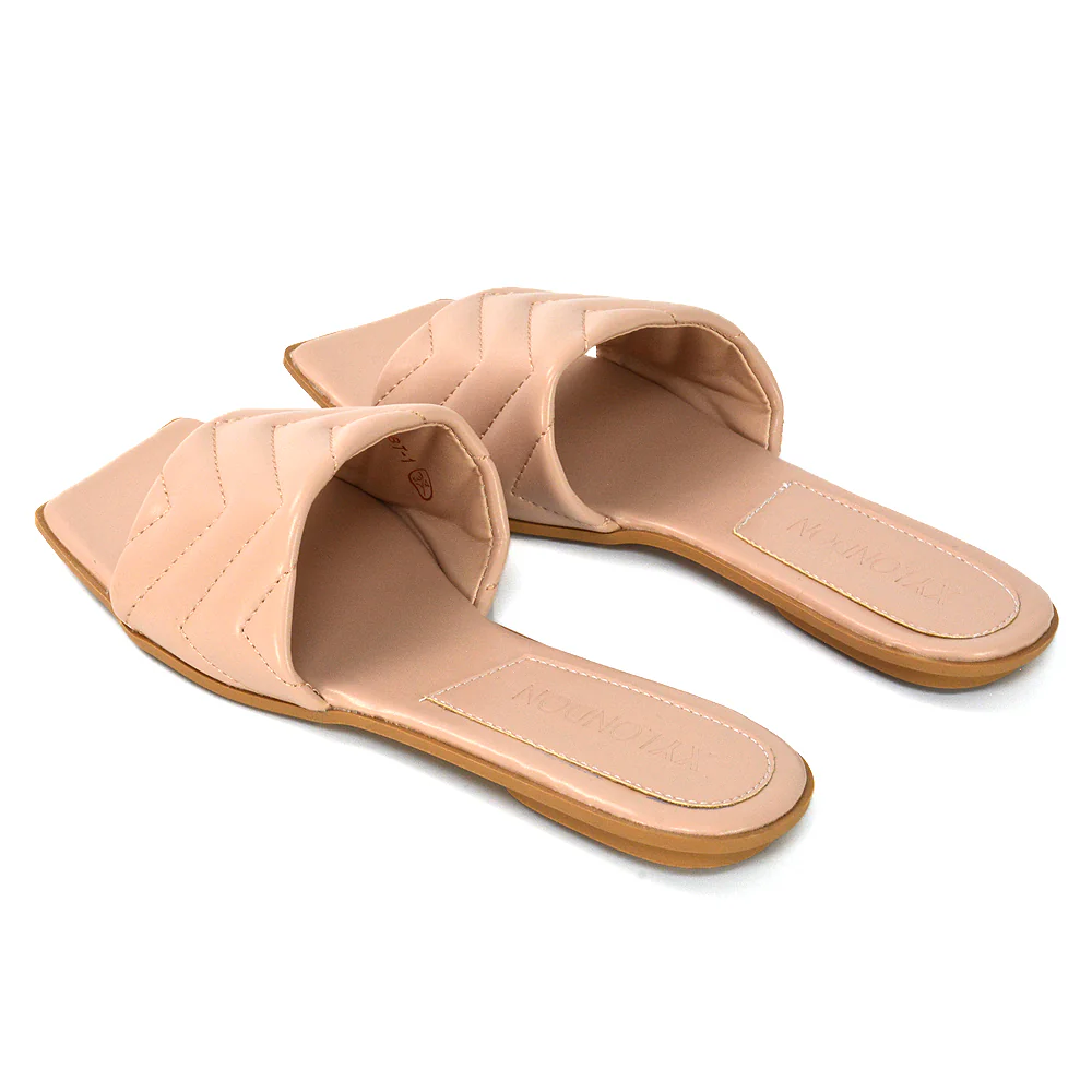 CHERRY QUILTED STRAPPY SQUARE TOE SLIDER SLIP ON SANDALS IN NUDE SYNTHETIC LEATHER - Image 112