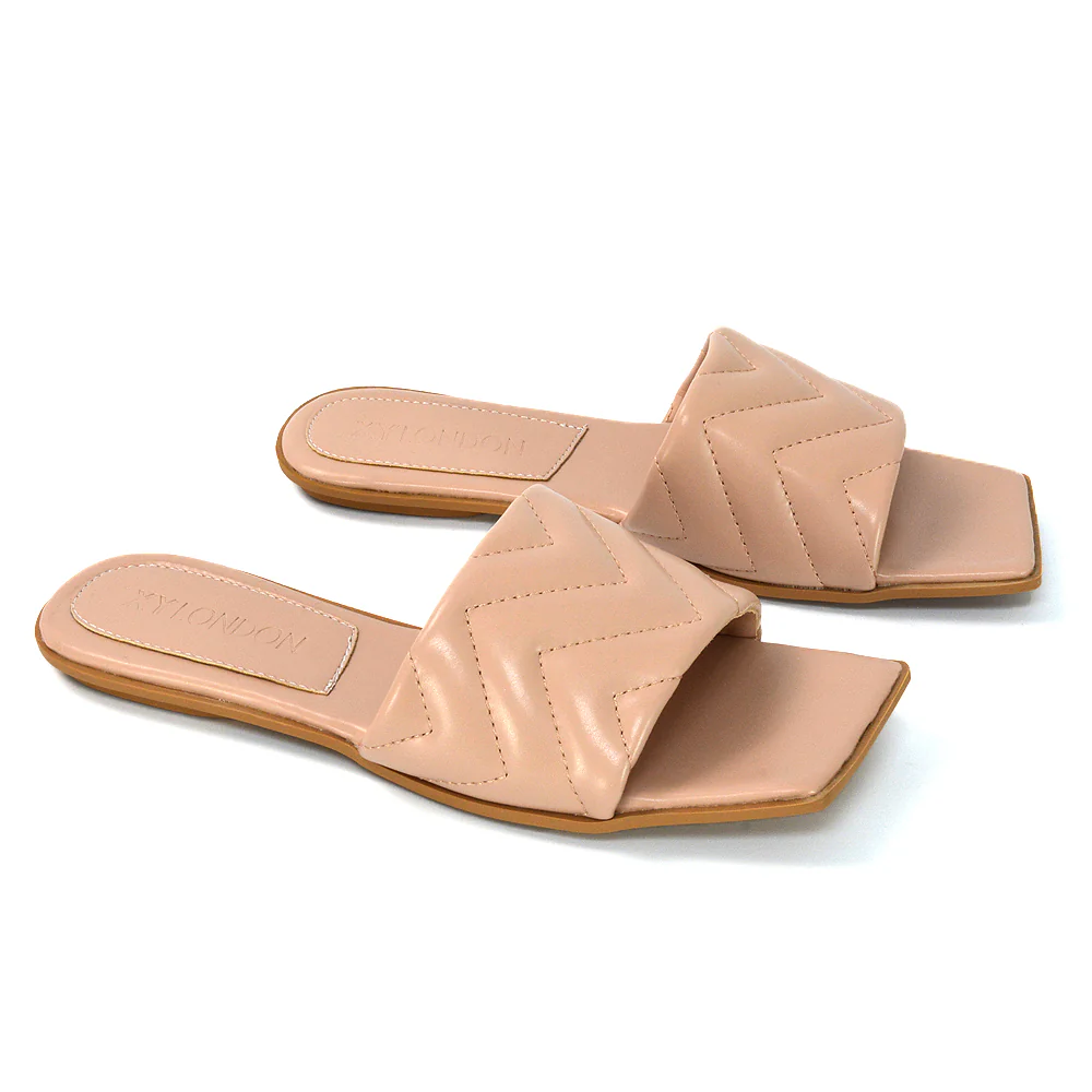 CHERRY QUILTED STRAPPY SQUARE TOE SLIDER SLIP ON SANDALS IN WHITE SYNTHETIC LEATHER - Image 91