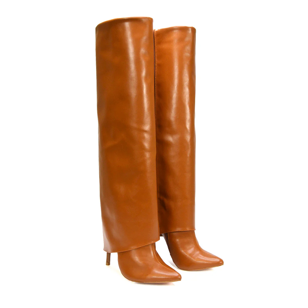 Cheryl Knee High Fold Over Boots With Stiletto High Heel in Tan Synthetic Leather - Image 6