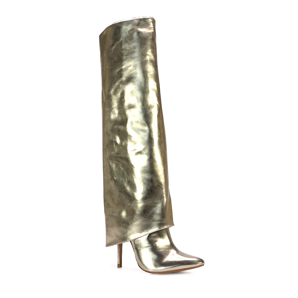 Cheryl Knee High Fold Over Boots With Stiletto High Heel in Tan Synthetic Leather - Image 9