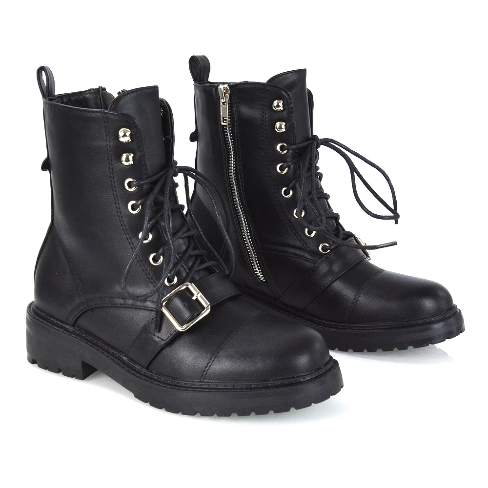 CHEYENNE BUCKLE STRAP ZIP-UP COMBAT CHUNKY LOW HEEL LACE UP ANKLE BIKER BOOTS IN BLACK PATENT - Image 16