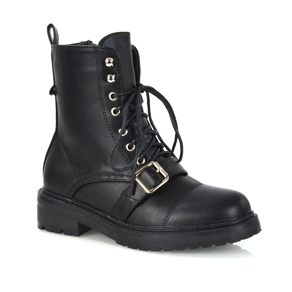 CHEYENNE BUCKLE STRAP ZIP-UP COMBAT CHUNKY LOW HEEL LACE UP ANKLE BIKER BOOTS IN BLACK PATENT - Image 17