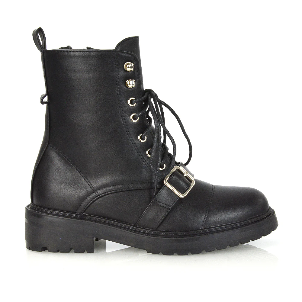 CHEYENNE BUCKLE STRAP ZIP-UP COMBAT CHUNKY LOW HEEL LACE UP ANKLE BIKER BOOTS IN BLACK PATENT - Image 18