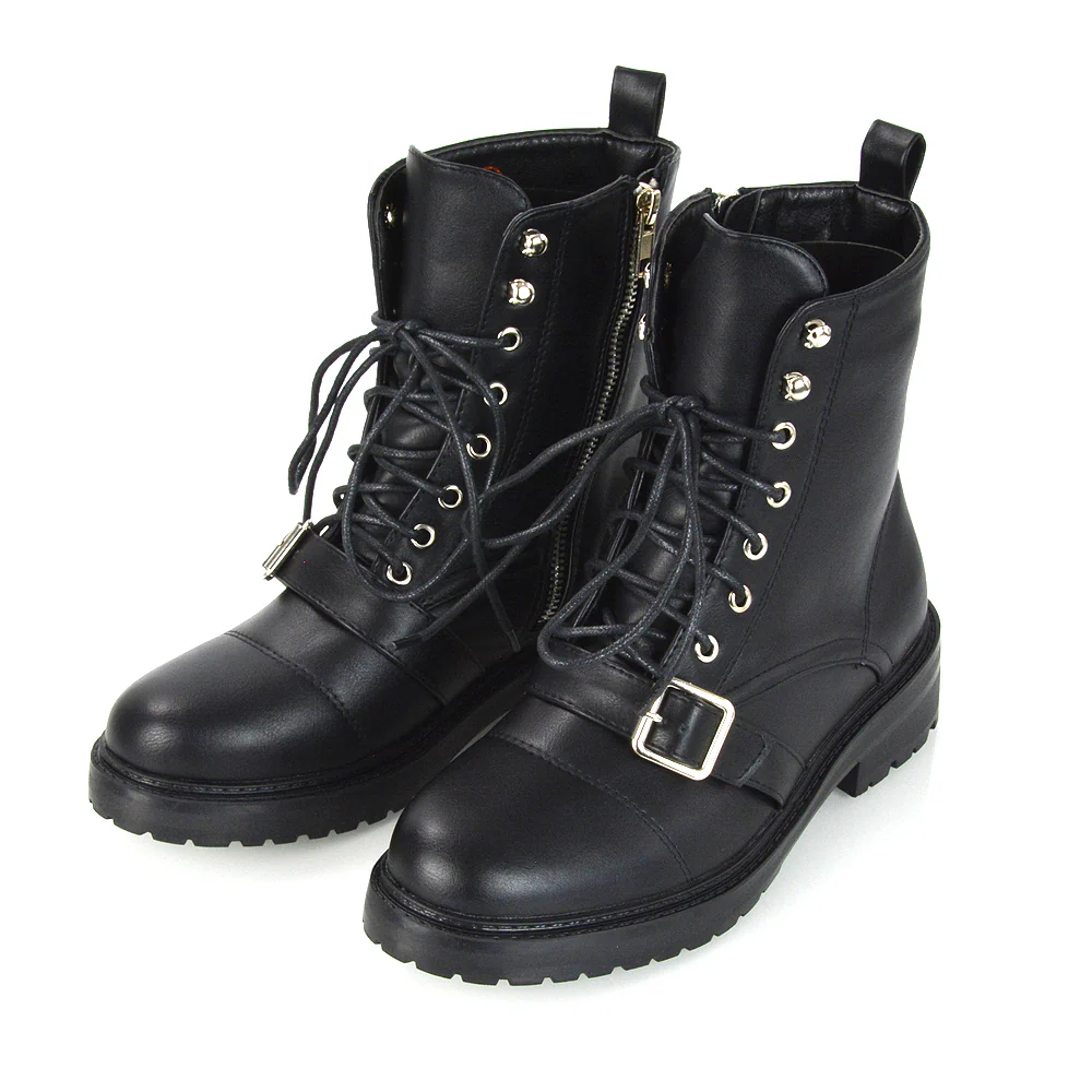 CHEYENNE BUCKLE STRAP ZIP-UP COMBAT CHUNKY LOW HEEL LACE UP ANKLE BIKER BOOTS IN BLACK PATENT - Image 24