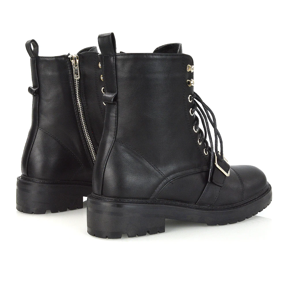 CHEYENNE BUCKLE STRAP ZIP-UP COMBAT CHUNKY LOW HEEL LACE UP ANKLE BIKER BOOTS IN BLACK PATENT - Image 25
