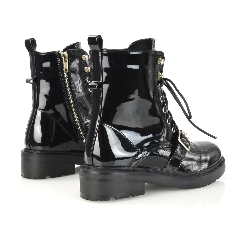 CHEYENNE BUCKLE STRAP ZIP-UP COMBAT CHUNKY LOW HEEL LACE UP ANKLE BIKER BOOTS IN BLACK PATENT - Image 40