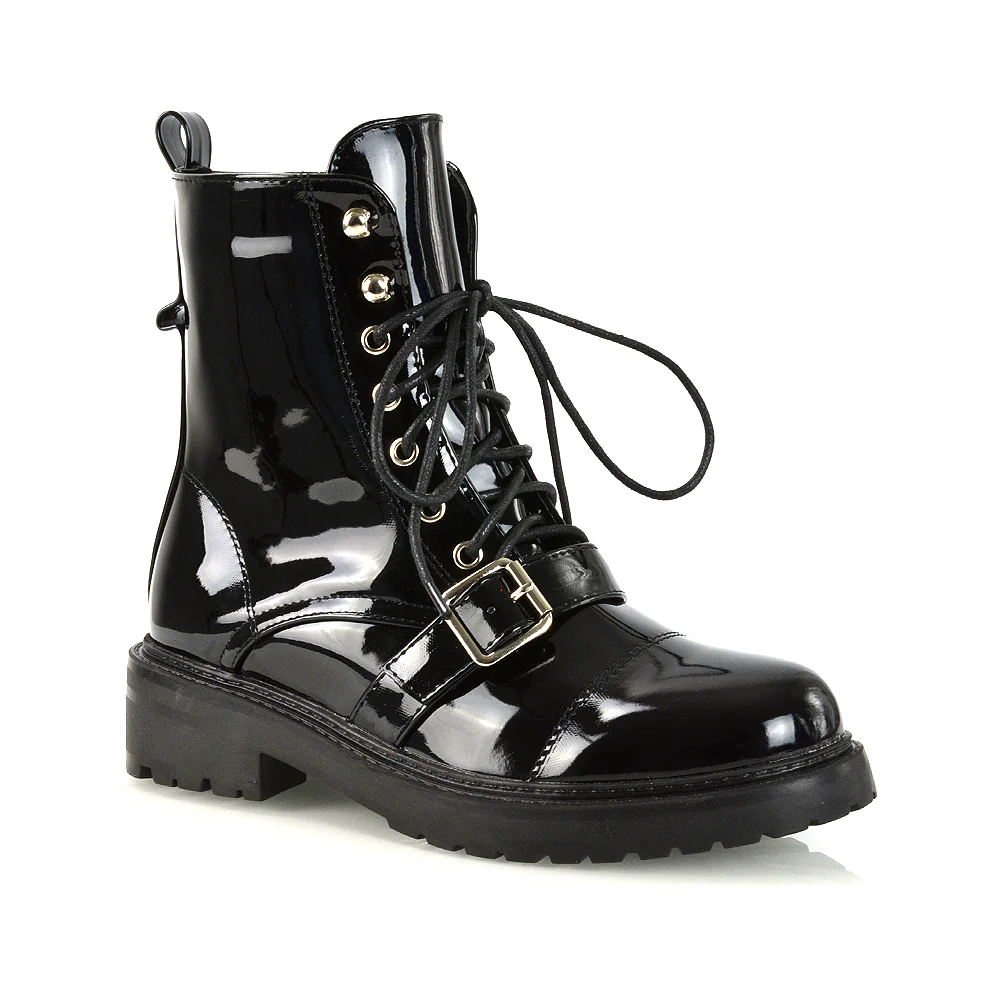 CHEYENNE BUCKLE STRAP ZIP-UP COMBAT CHUNKY LOW HEEL LACE UP ANKLE BIKER BOOTS IN BLACK PATENT - Image 42