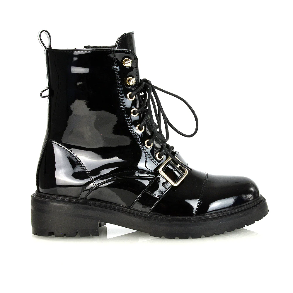 CHEYENNE BUCKLE STRAP ZIP-UP COMBAT CHUNKY LOW HEEL LACE UP ANKLE BIKER BOOTS IN BLACK PATENT - Image 53