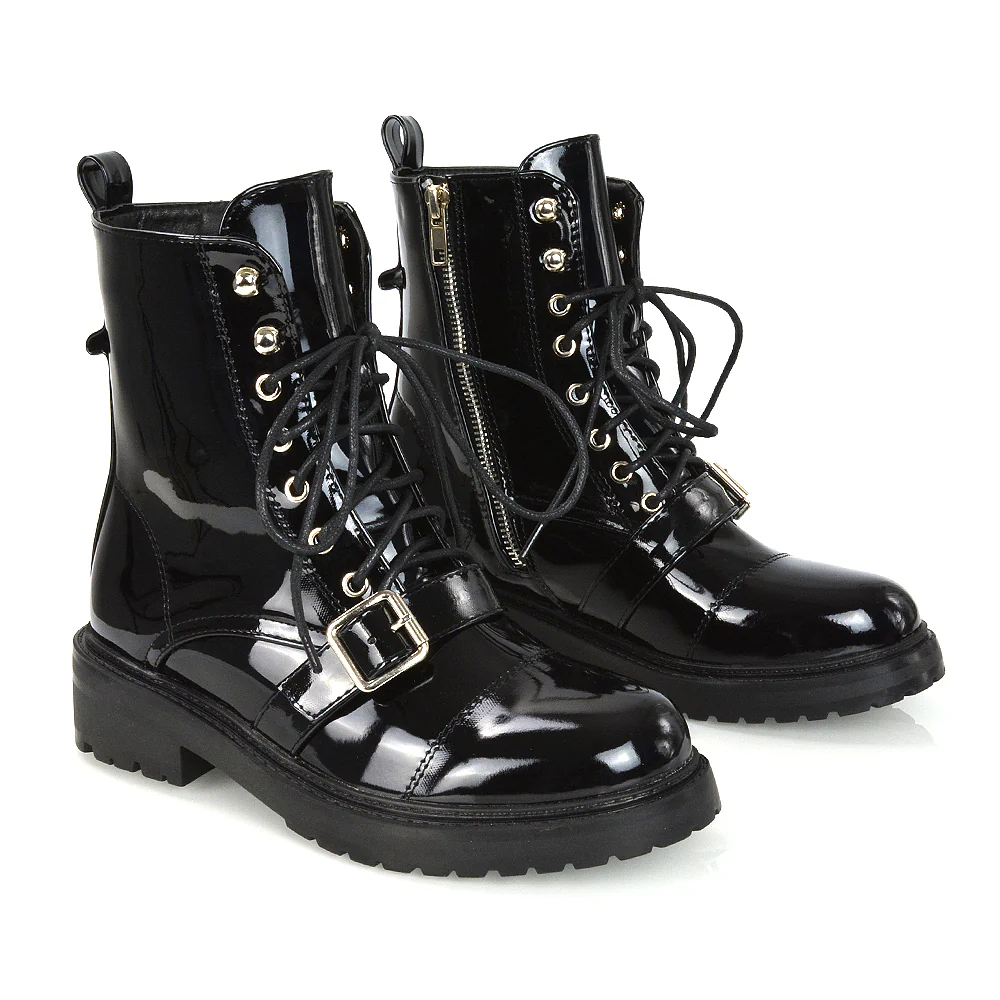 CHEYENNE BUCKLE STRAP ZIP-UP COMBAT CHUNKY LOW HEEL LACE UP ANKLE BIKER BOOTS IN BLACK PATENT - Image 56