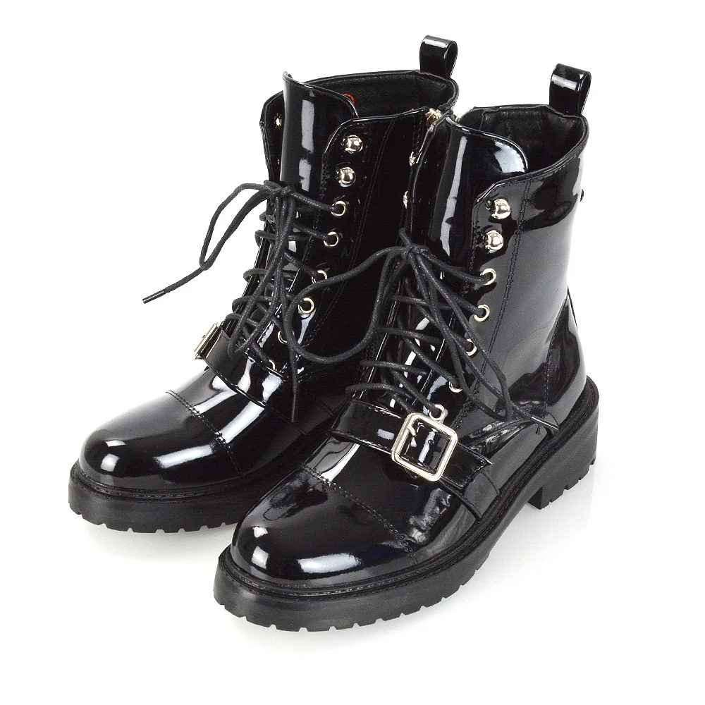 CHEYENNE BUCKLE STRAP ZIP-UP COMBAT CHUNKY LOW HEEL LACE UP ANKLE BIKER BOOTS IN BLACK PATENT - Image 59