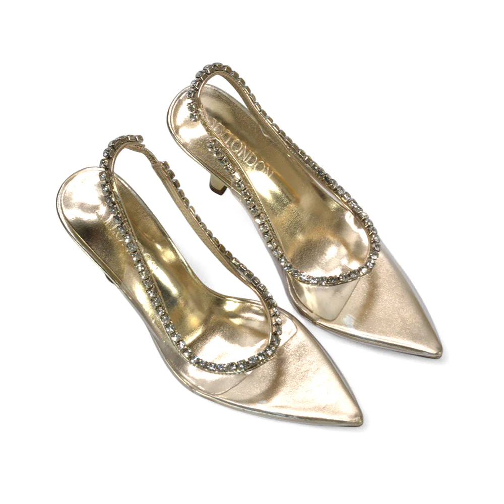 Chloe Rhinestone Slingback Strappy Perspex Stiletto Party Heels Court Shoes in Gold Metallic - Image 7