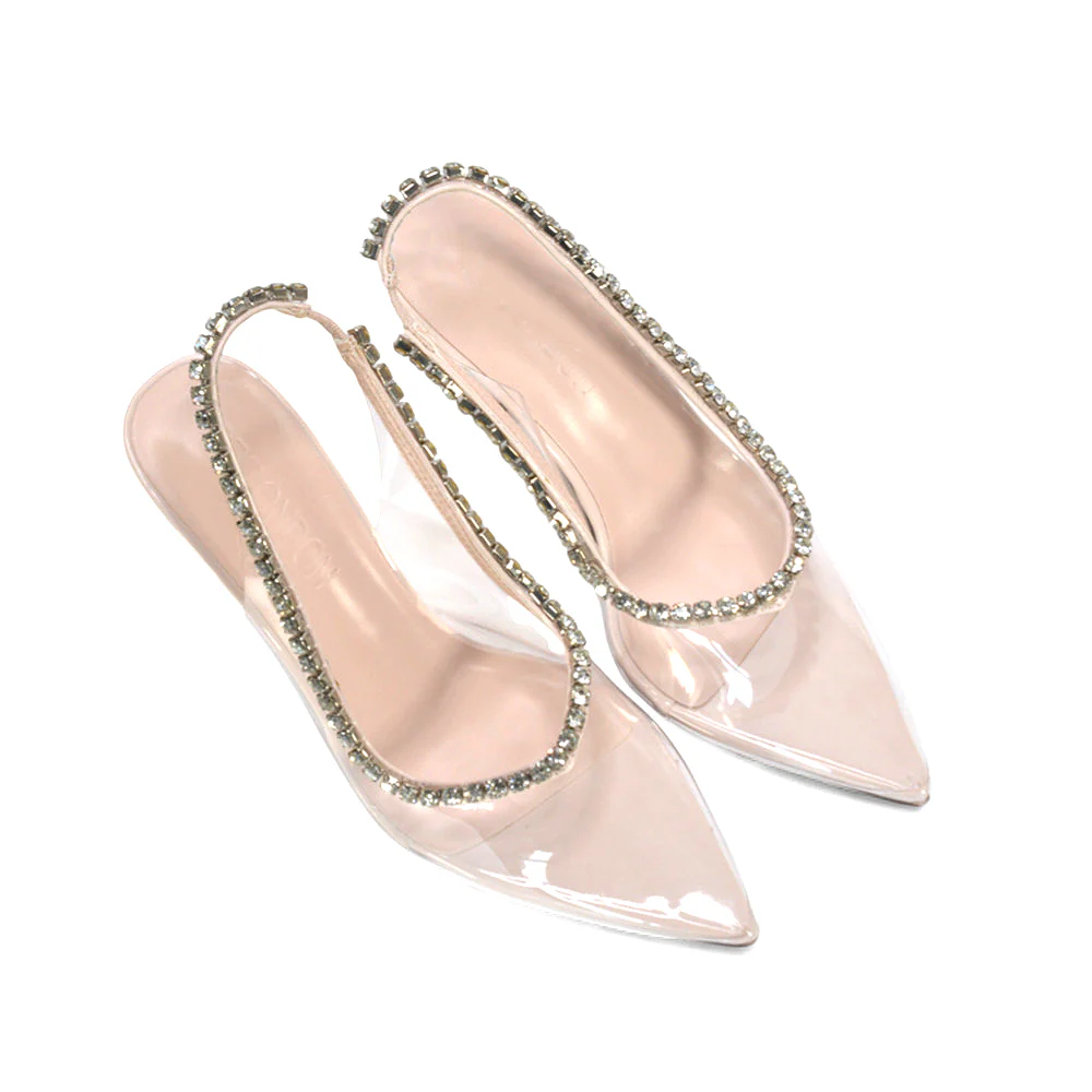 Chloe Rhinestone Slingback Strappy Perspex Stiletto Party Heels Court Shoes in Gold Metallic - Image 13