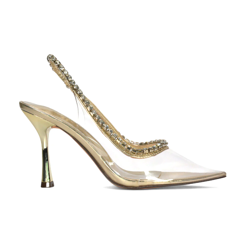 Chloe Rhinestone Slingback Strappy Perspex Stiletto Party Heels Court Shoes in Gold Metallic - Image 3