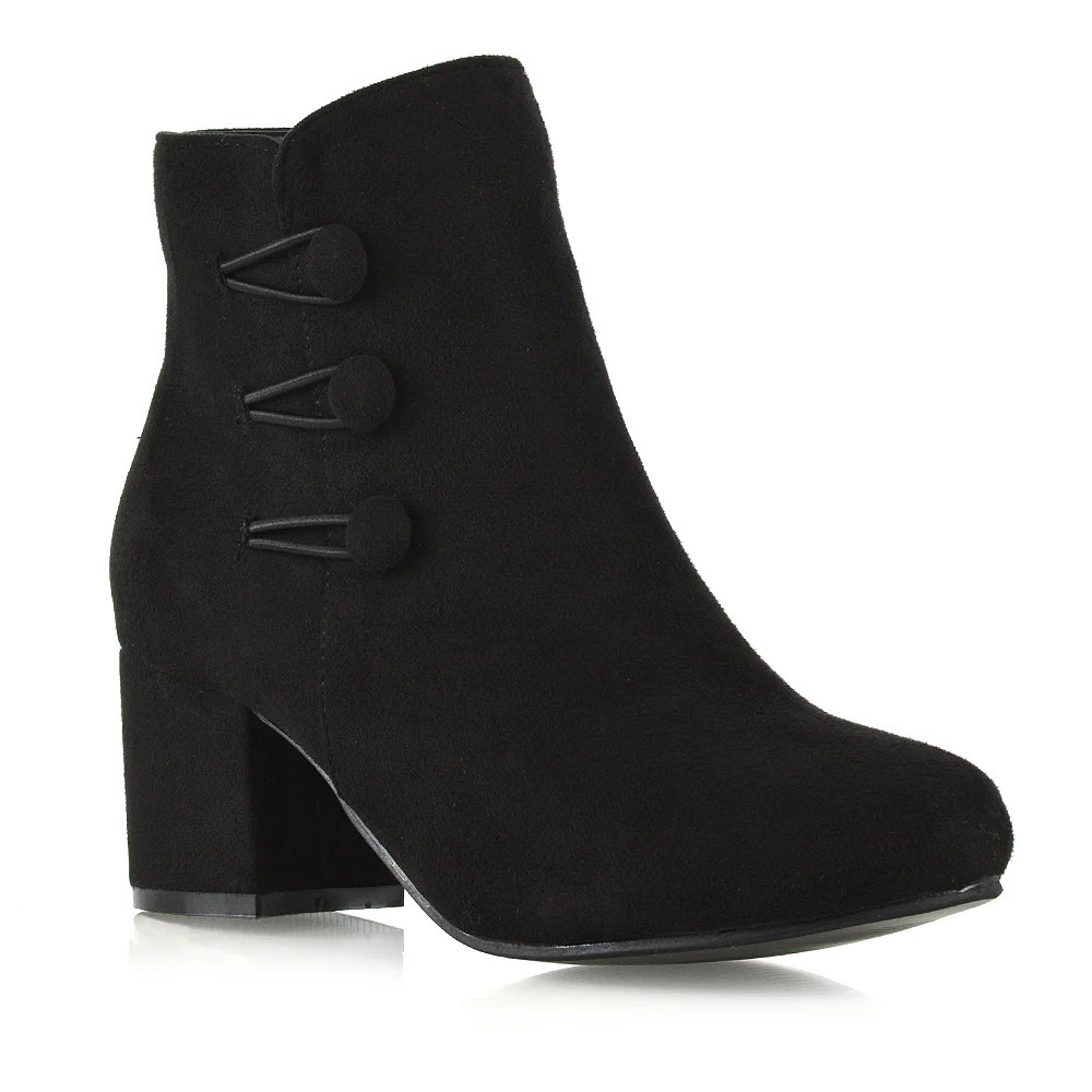 Christine Button Detail Block High Heel Zip Up Ankle Boots in Black faux Suede - Image 11