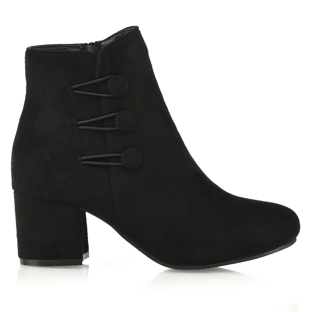 Christine Button Detail Block High Heel Zip Up Ankle Boots in Black faux Suede - Image 3