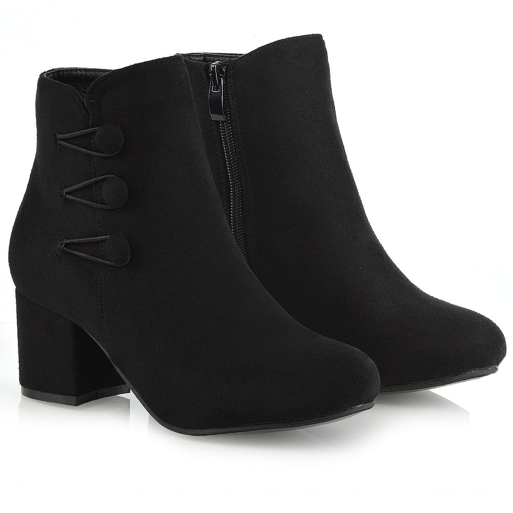 Christine Button Detail Block High Heel Zip Up Ankle Boots in Black faux Suede - Image 4