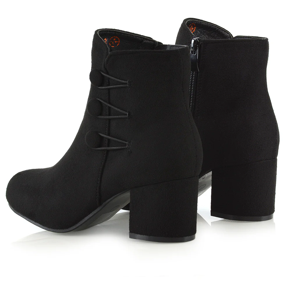 Christine Button Detail Block High Heel Zip Up Ankle Boots in Black faux Suede - Image 5